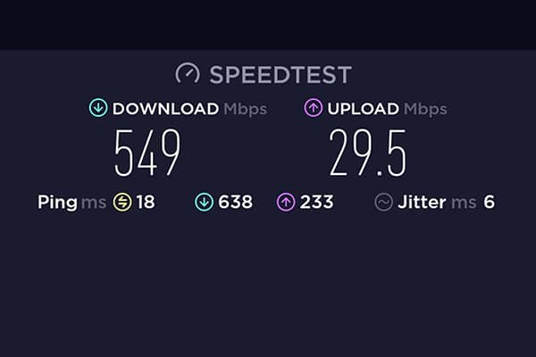 image of speedtest from T-Mobile Home Internet at Colorado River Thousand Trails campground showing speeds of 549 down and 29.5 up